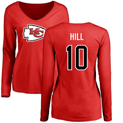 Women Football Kansas City Chiefs #10 Hill Tyreek Red Name and Number Logo Slim Fit Long Sleeve T-Shirt->kansas city chiefs->NFL Jersey